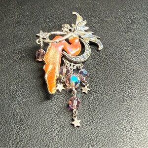KIRKS FOLLY Moon & Stars Rhinestone Crystal Enamel Fairy Brooch Pin 3.25"